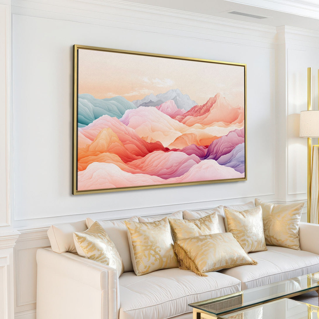 Canvas Print of abstract mountain landscape in warm pastel colors, perfect for adding a touch of serenity to any room.