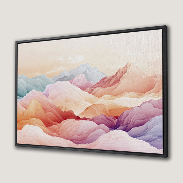 Framed Wall Art featuring abstract mountain landscape in warm, pastel colors. Modern canvas print for a stylish home decor upgrade.
