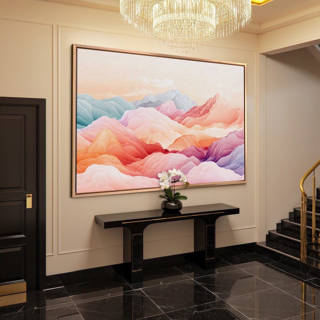 Framed Wall Art: Abstract mountain landscape in warm pinks, oranges, and blues. Modern art for home decor. Canvas Print adds a pop of color.