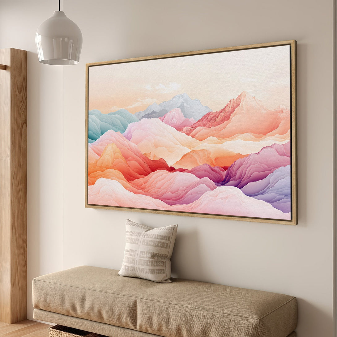 Framed Wall Art featuring abstract mountain landscape in warm pastel colors. Modern art print perfect for adding a touch of elegance to any space.