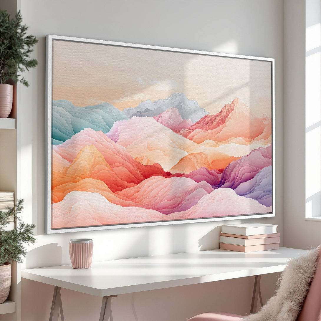 Framed Wall Art featuring abstract mountain landscape in warm, pastel colors. Perfect for adding a touch of modern art to your home decor.