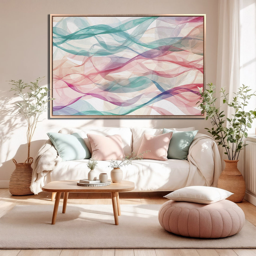 Framed Wall Art: Abstract flowing ribbons in teal, pink, and purple. Modern canvas print adds a pop of color to any room. Perfect home decor.