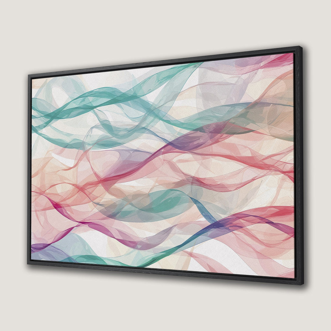 Framed Wall Art featuring abstract flowing ribbons in a pastel color palette of pink, teal, and purple. Modern art for your home decor.
