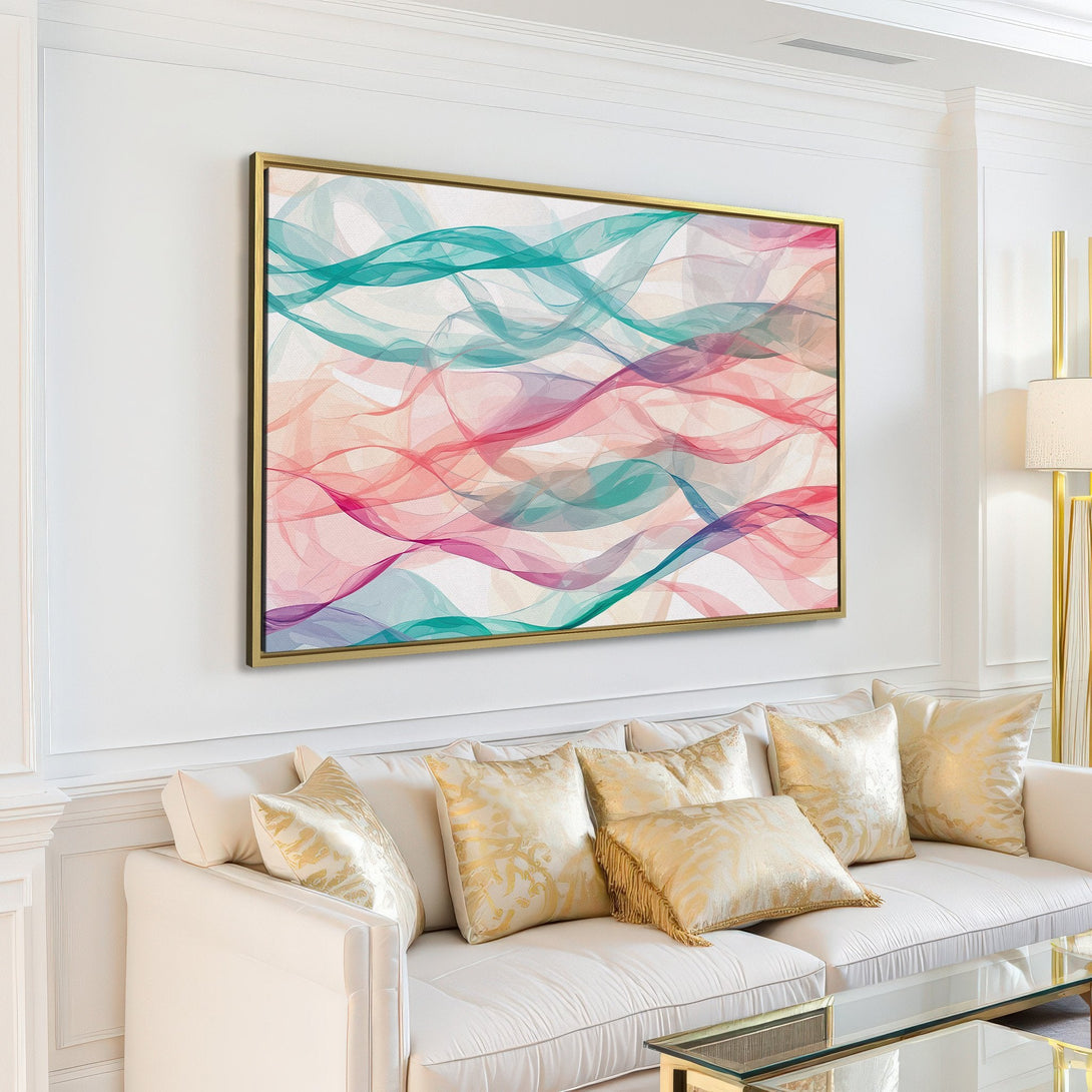 Abstract Canvas Print in a modern living room. Features flowing, pastel ribbons in pink, teal, and purple hues. Perfect wall art for any space.