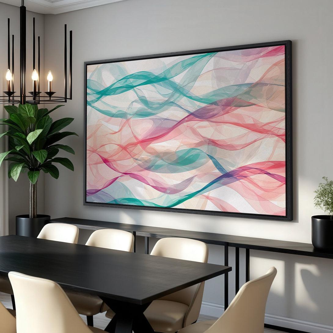 Framed Wall Art: Abstract flowing ribbons in teal, pink, and peach hues. Modern canvas print adds a pop of color to any interior. Shop now!