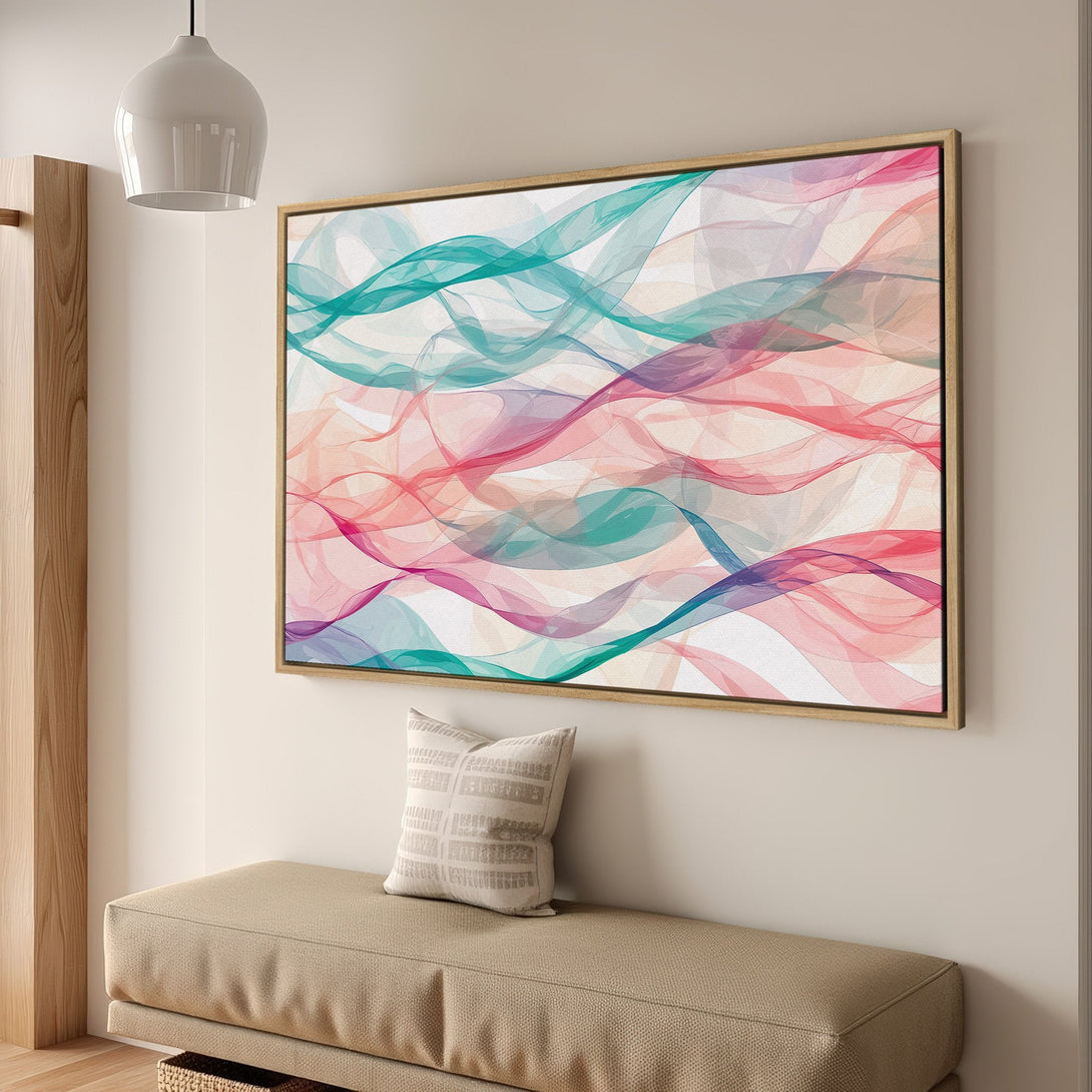 Framed Wall Art featuring abstract flowing ribbons in teal, pink, and purple. Modern art canvas print for a stylish interior.