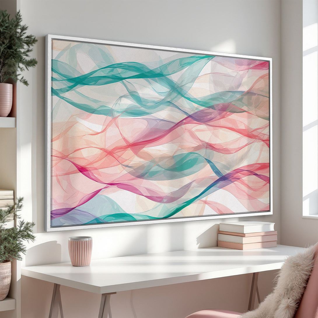 Framed Wall Art featuring abstract flowing ribbons in teal, pink, and purple hues. Modern art Canvas Print adds a touch of elegance to any interior.