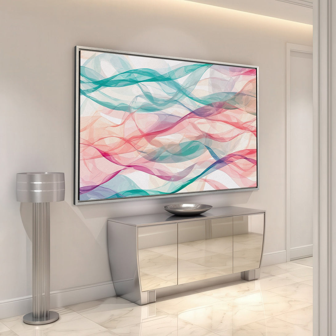Framed Wall Art featuring abstract flowing lines in teal, pink, and purple. Modern Canvas Print adds a pop of color to any interior.