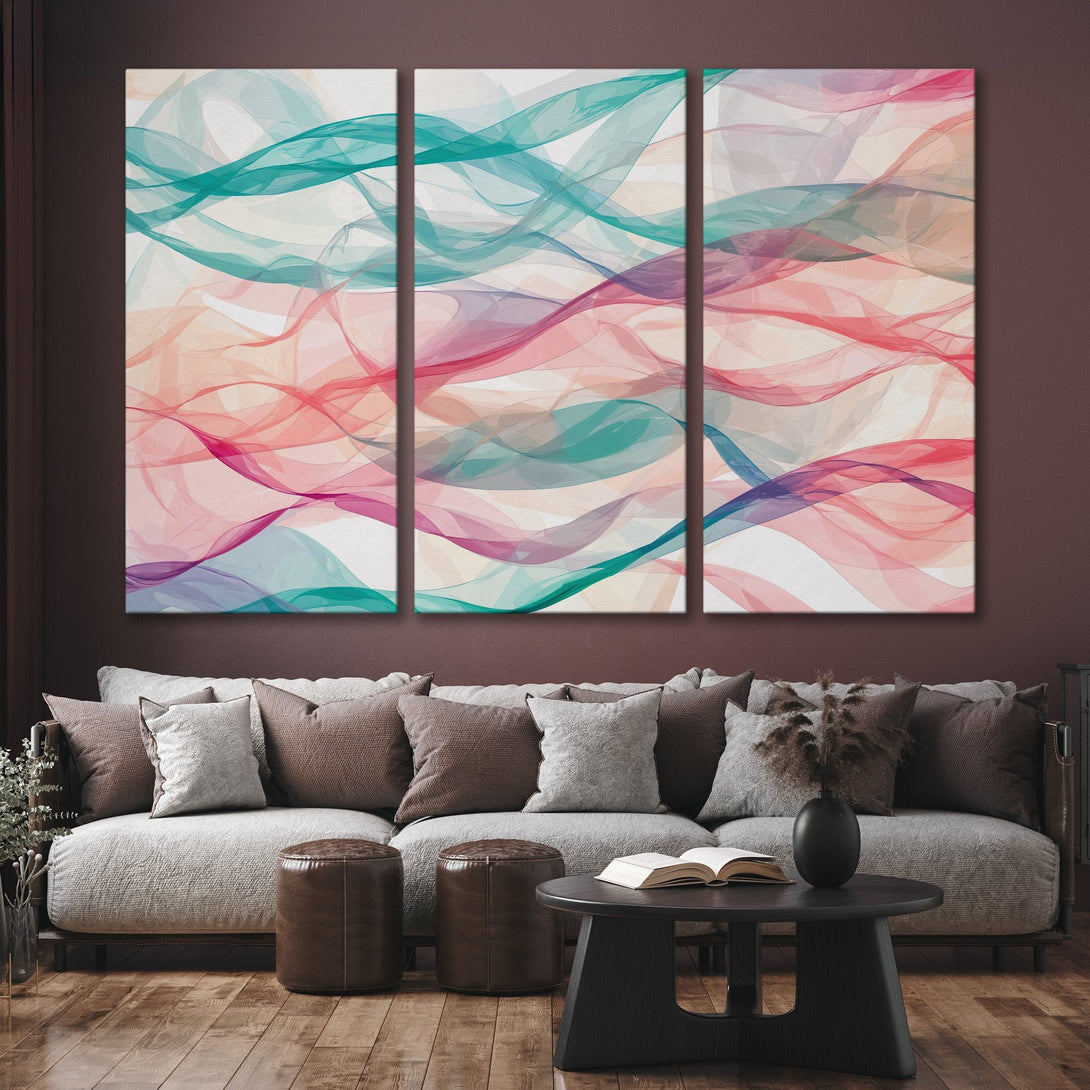 Abstract Canvas Print with flowing ribbons in teal, pink, and purple. Modern art for a stylish living room.
