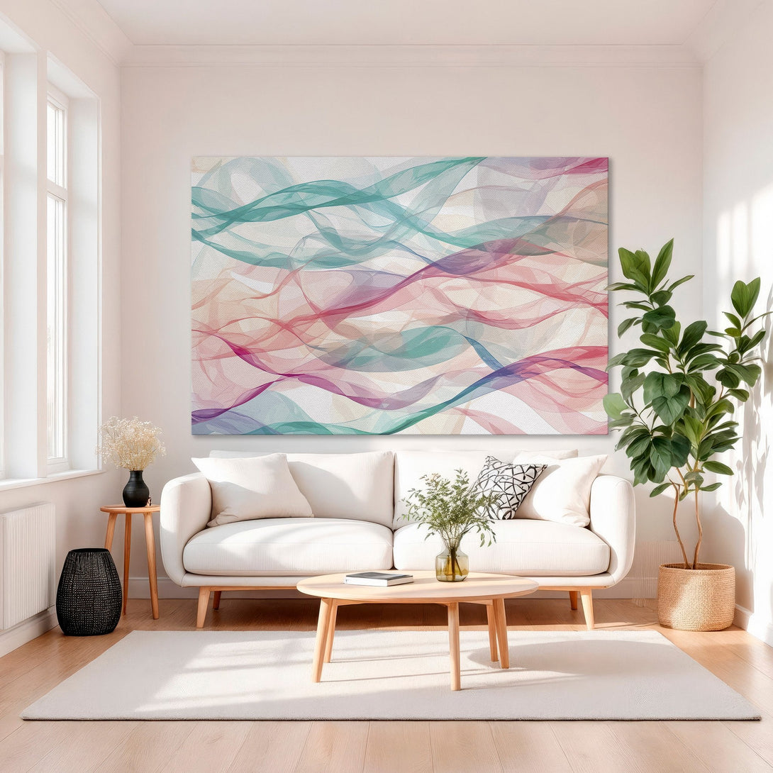Framed Wall Art: Abstract flowing ribbons in teal, pink, and purple. Modern Canvas Print adds a touch of elegance to any room.