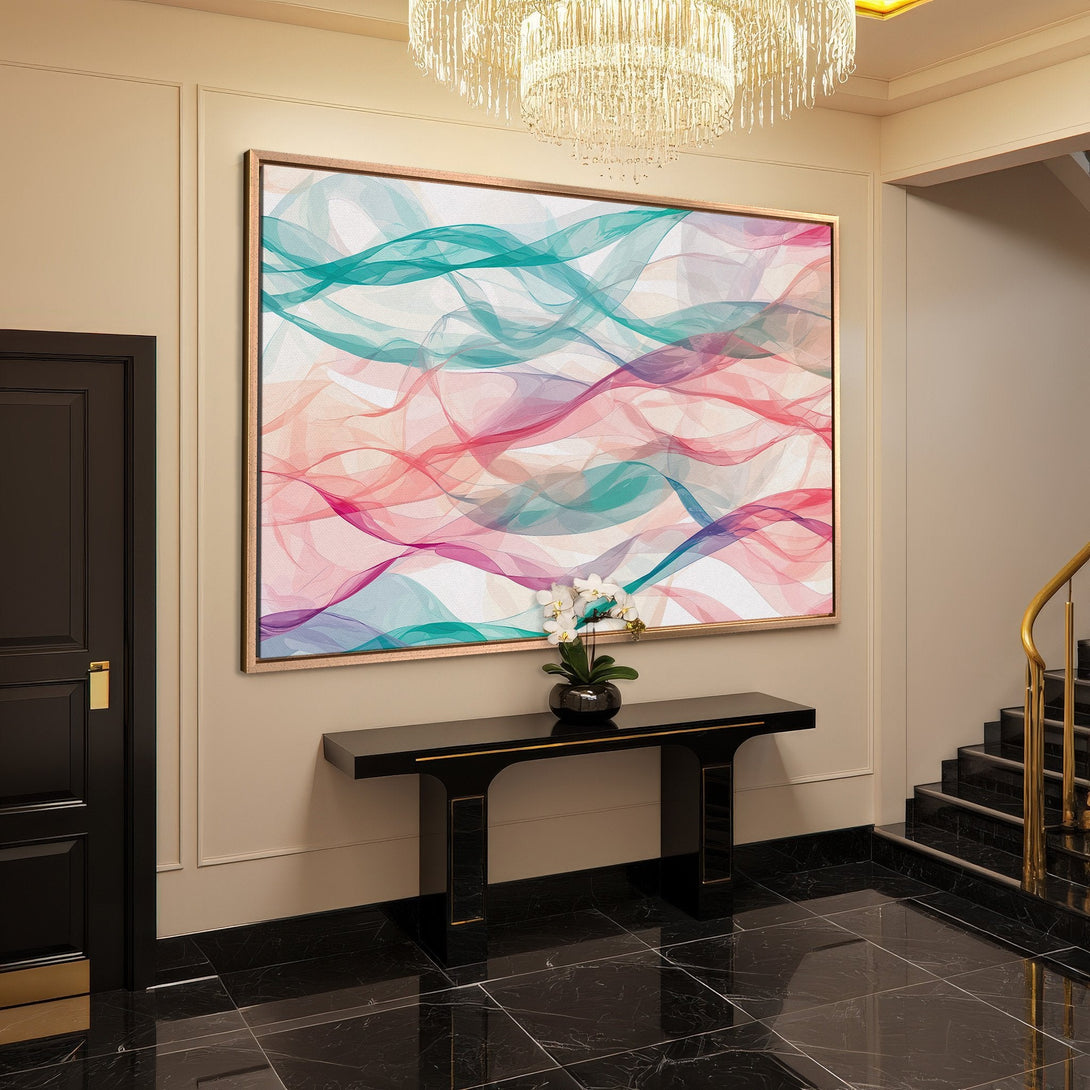 Framed Wall Art: Abstract wave design in teal, pink, and purple. Modern canvas art for home decor. Adds a pop of color to any interior.