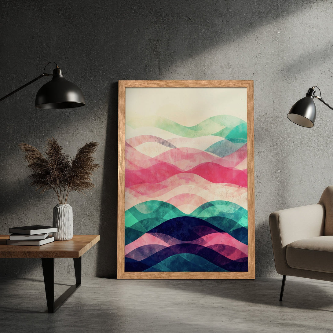Framed Poster featuring abstract watercolor landscape art in pink, teal, and blue. Modern wall decor for your home.