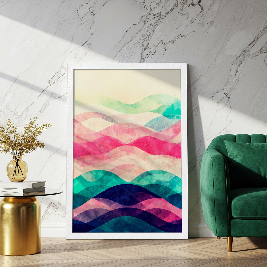 Framed Poster featuring abstract watercolor waves in pink, teal, and blue. Modern art print for home decor.