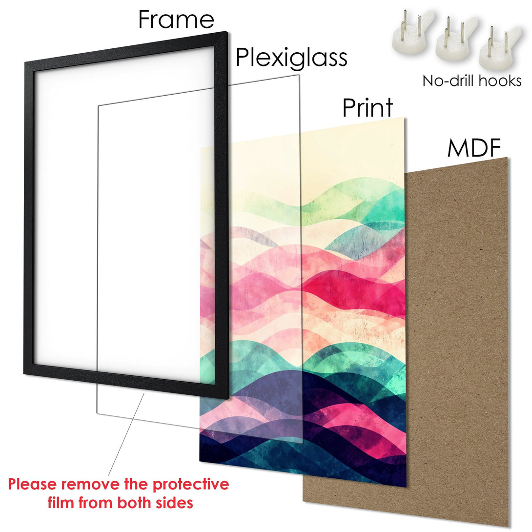 Framed Poster with abstract watercolor design in pink, teal, and blue. Modern art for your home!