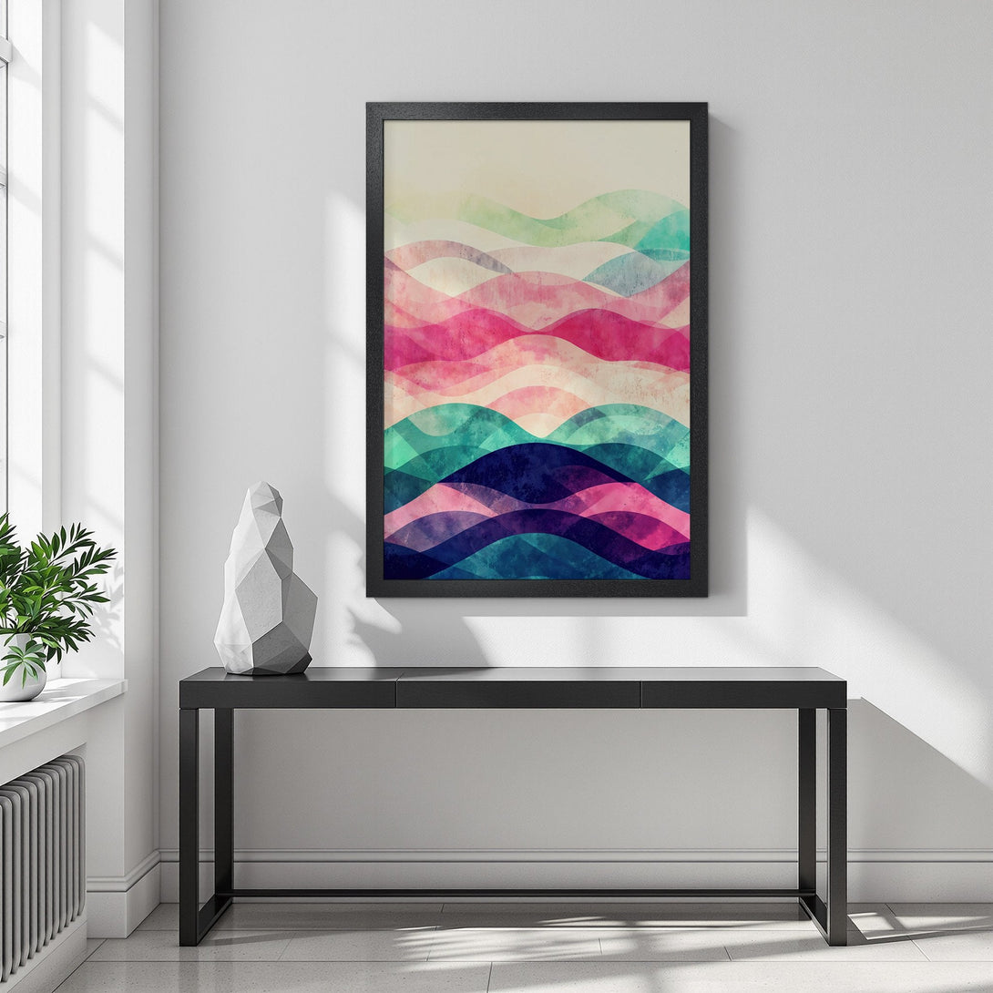 Framed Poster featuring abstract wave art in pink, teal, and blue hues. Modern art print for home decor.