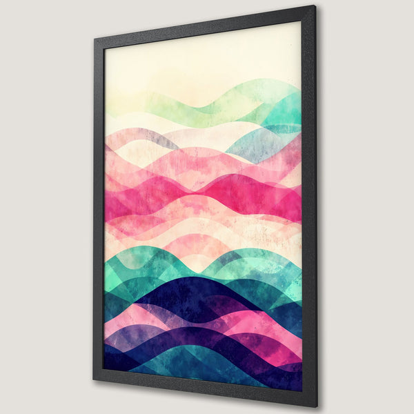 Framed Poster featuring abstract watercolor waves in pink, teal, and blue. Modern art print for home decor.