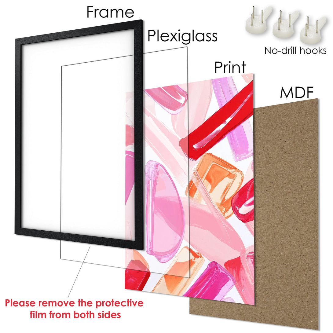Framed Poster with abstract brushstroke art in pink, red, and orange hues. Add a pop of color to your space!