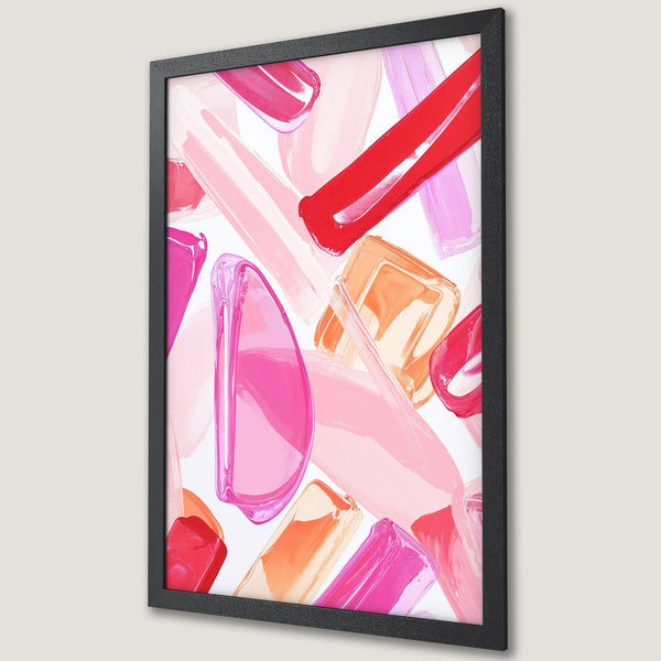 Framed Poster featuring abstract lipstick strokes in pink, red, and orange hues. Modern art style, perfect for adding a pop of color to any space.