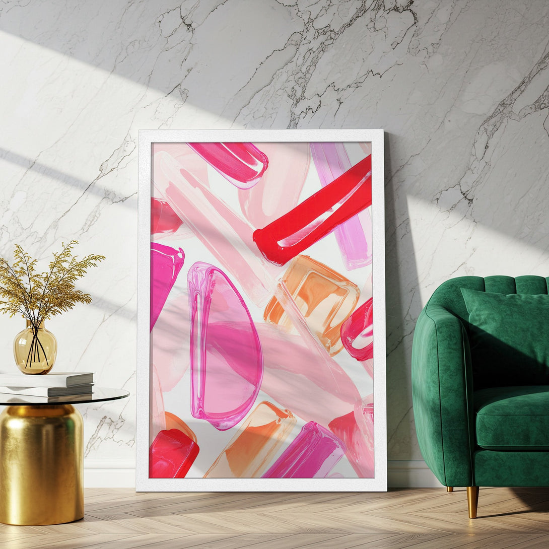 Framed Poster featuring abstract brushstrokes in pink, red, and orange hues. Modern art print for a stylish home.