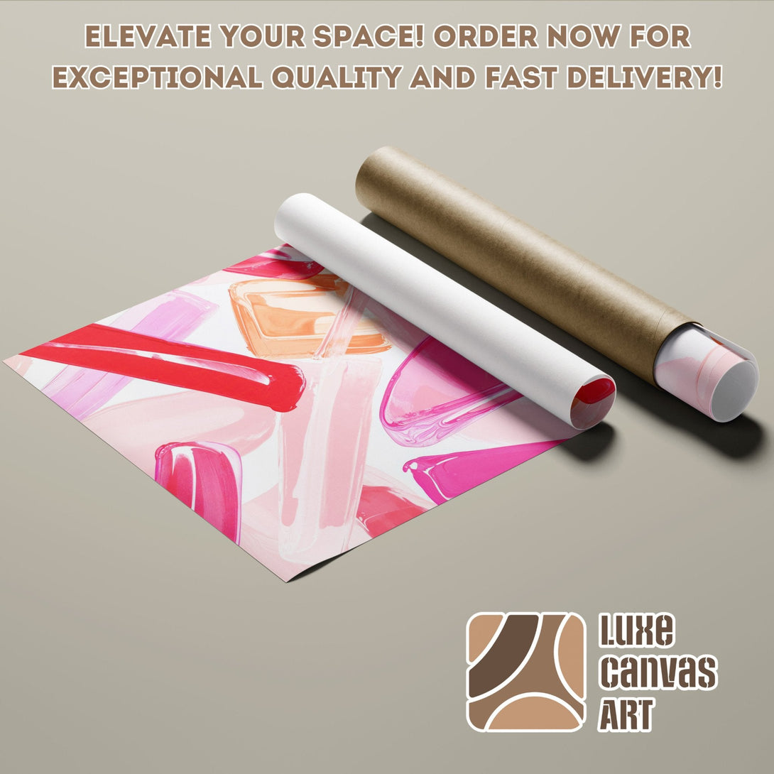 Abstract art poster roll with pink, red, and orange brushstrokes. Elevate your space with this stylish poster!