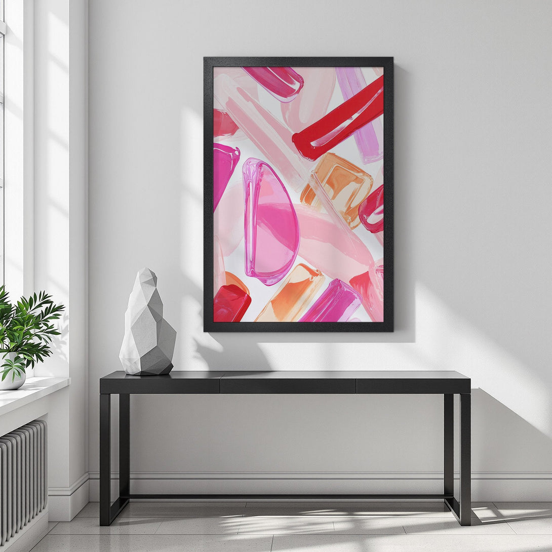 Framed Poster featuring abstract lipstick art in pink, red, and orange hues. Modern art style for home decor.
