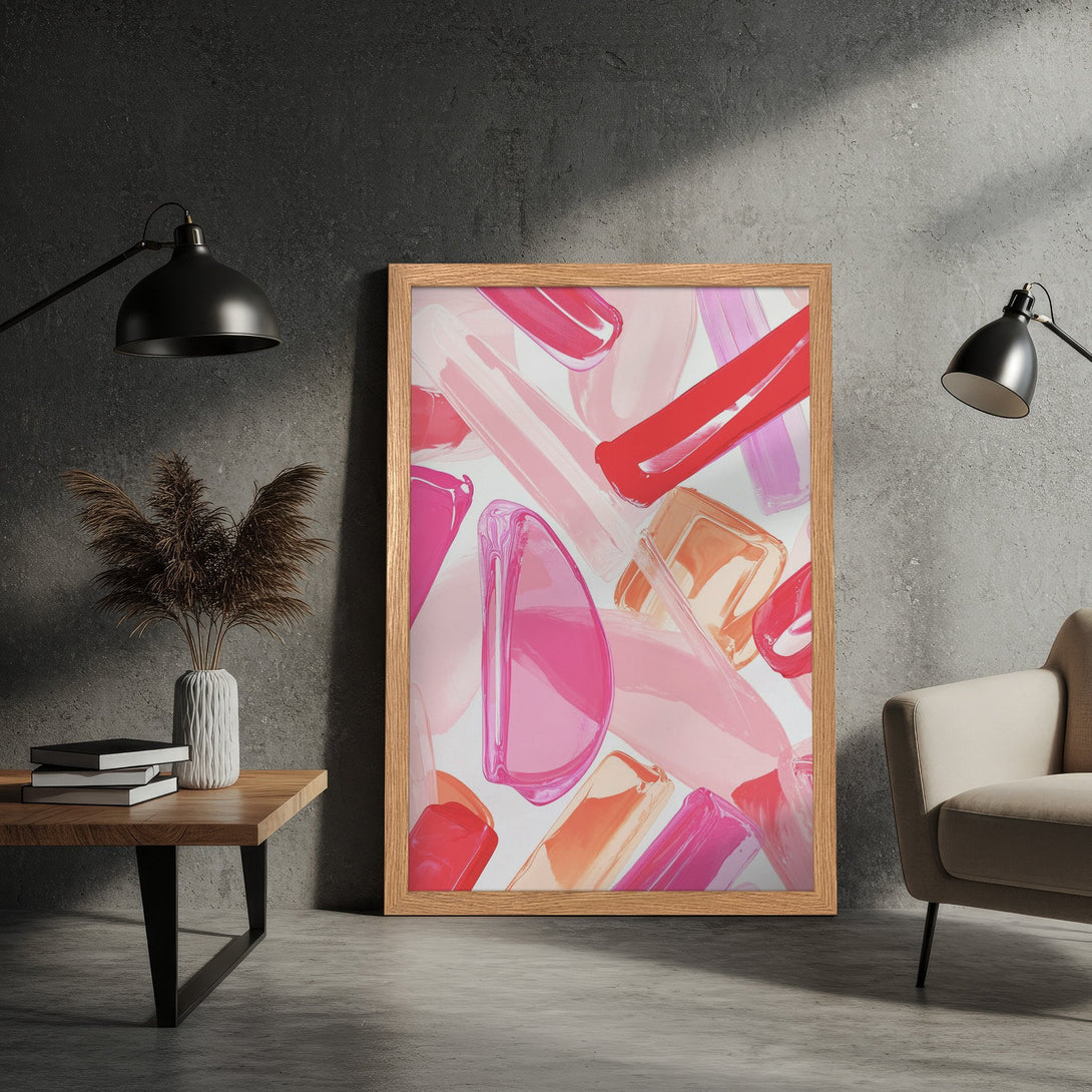 Framed Poster: Abstract art print with brushstrokes in pink, red, and peach tones. Modern style, perfect for home decor.