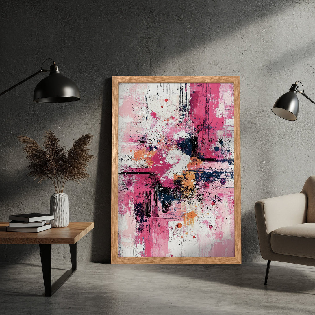 Framed Poster. Abstract art print with pink, white, and black color palette. Modern wall art for home decor.