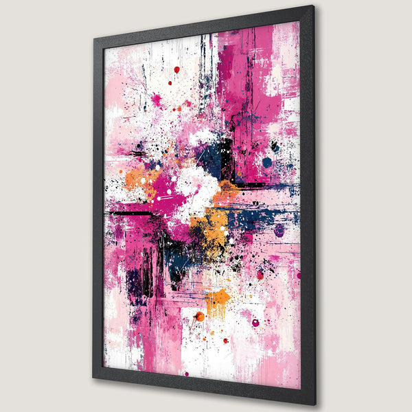 Framed Poster: Abstract art print with expressive brushstrokes, in pink, white, blue, and orange hues. Modern wall decor for your home or office.