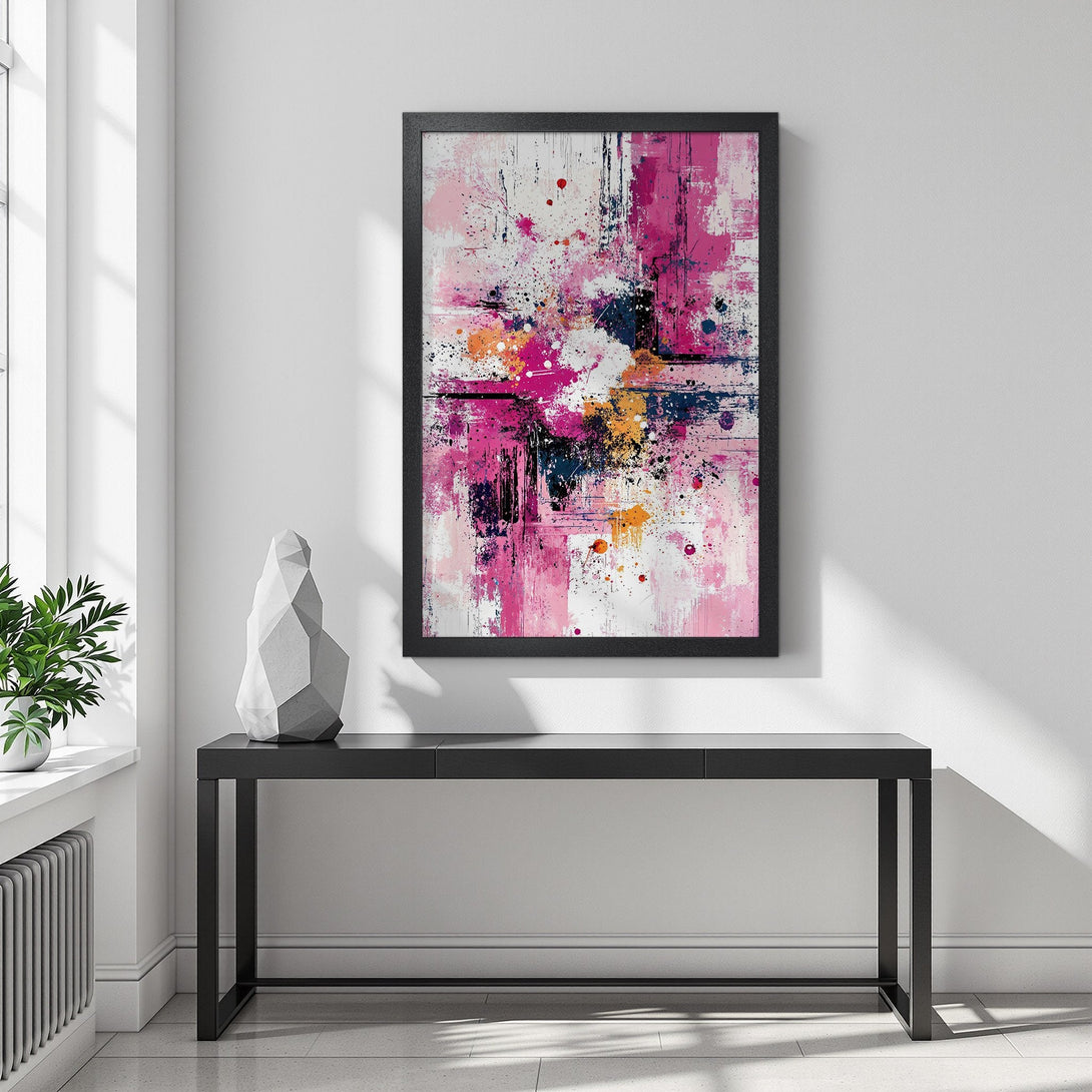 Framed Poster featuring abstract art in pink, navy, and orange hues. Modern style perfect for home decor.