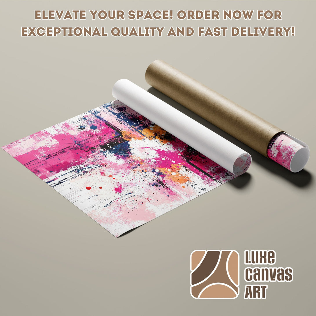 Abstract art Poster Roll in pink, blue, and orange. Elevate your space with Luxe Canvas Art! Order now for fast delivery.