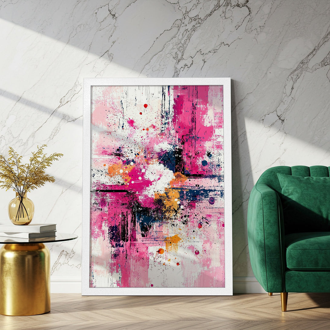 Framed Poster featuring vibrant abstract art with pink, white, and blue hues. Modern decor for your home!