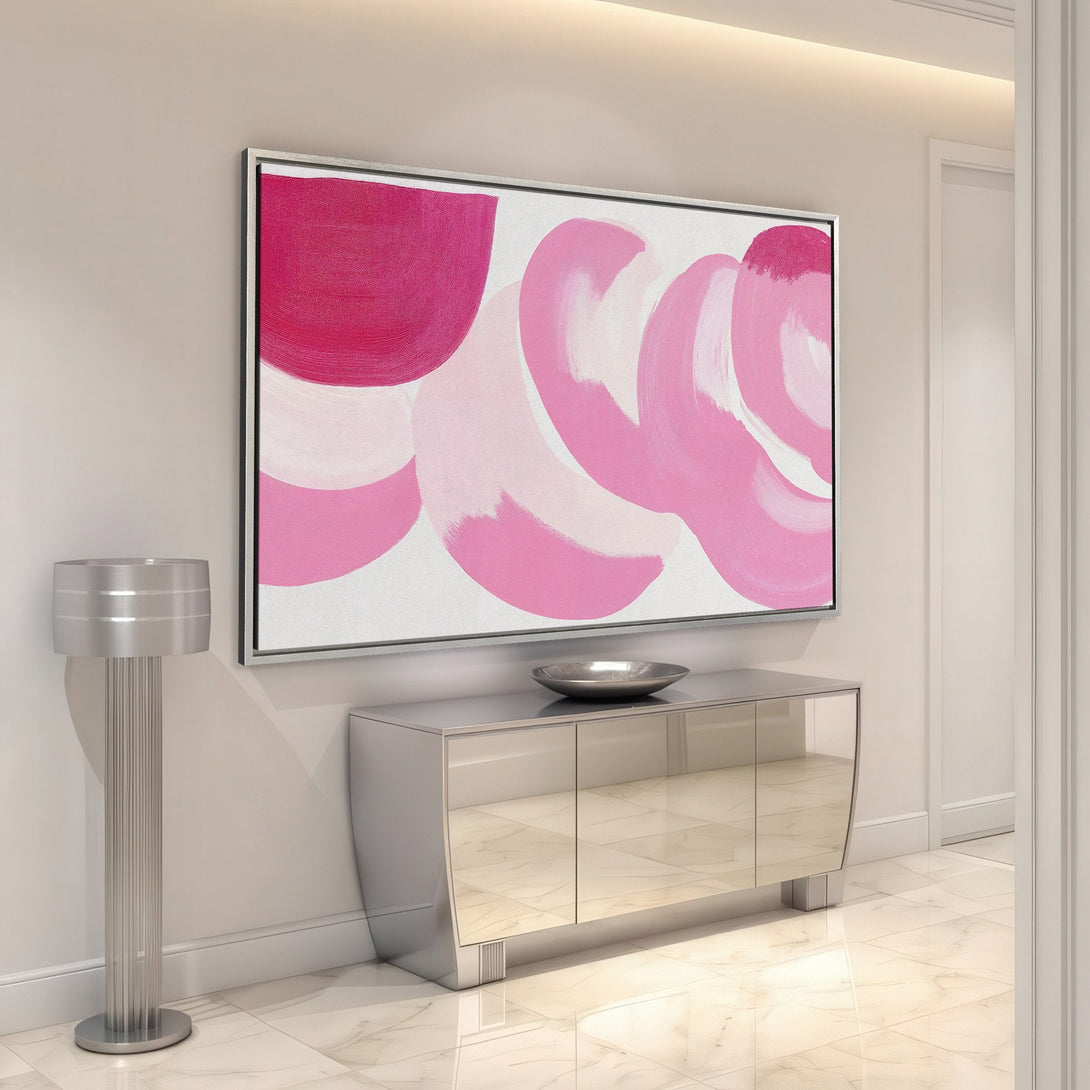 Framed Wall Art: Abstract pink brushstroke design canvas print. Modern art in a bright, feminine color palette, perfect for adding a pop of color to any space.