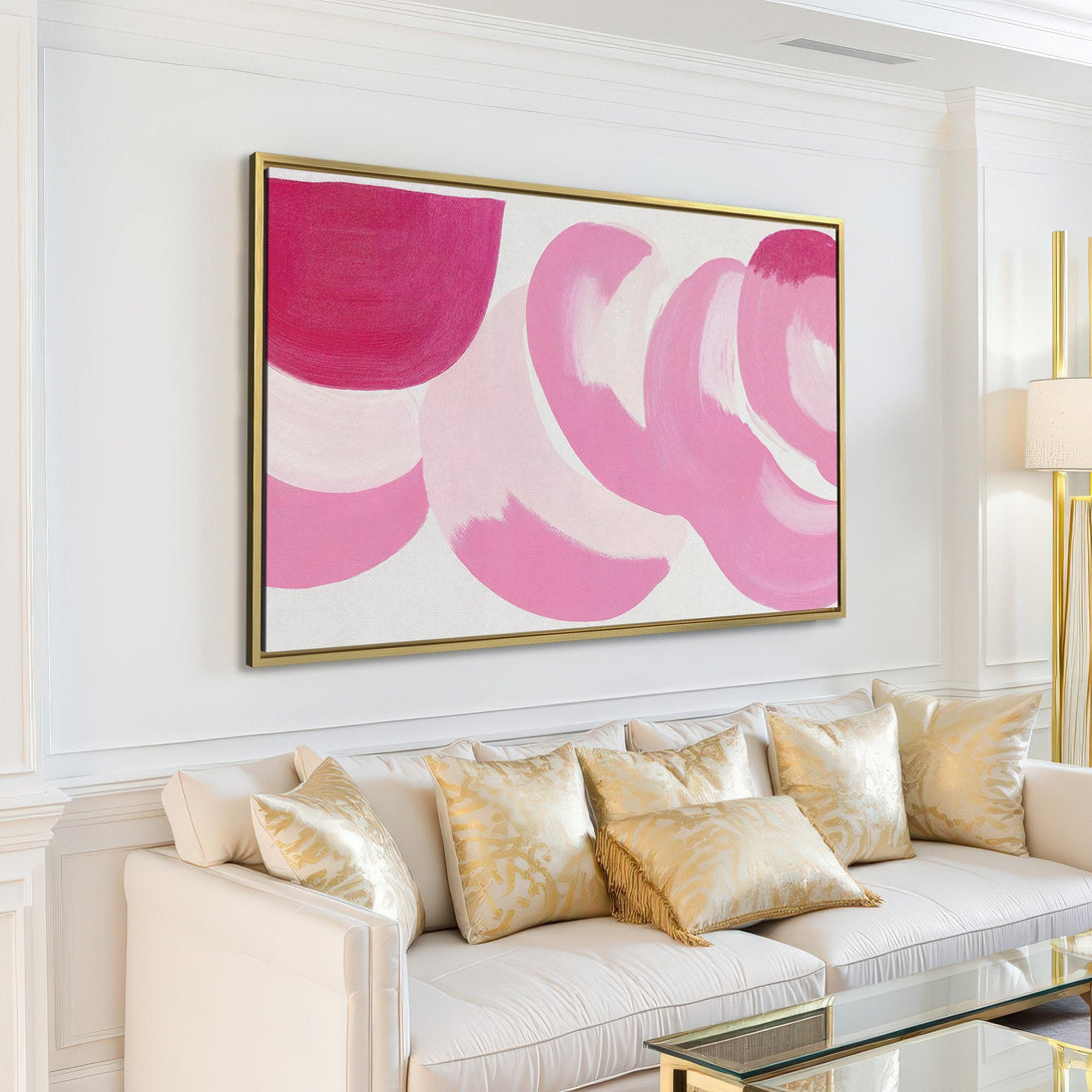 Canvas Print: Abstract art in pink and white, displayed in a modern living room. Enhance your space with this stylish, contemporary wall art!