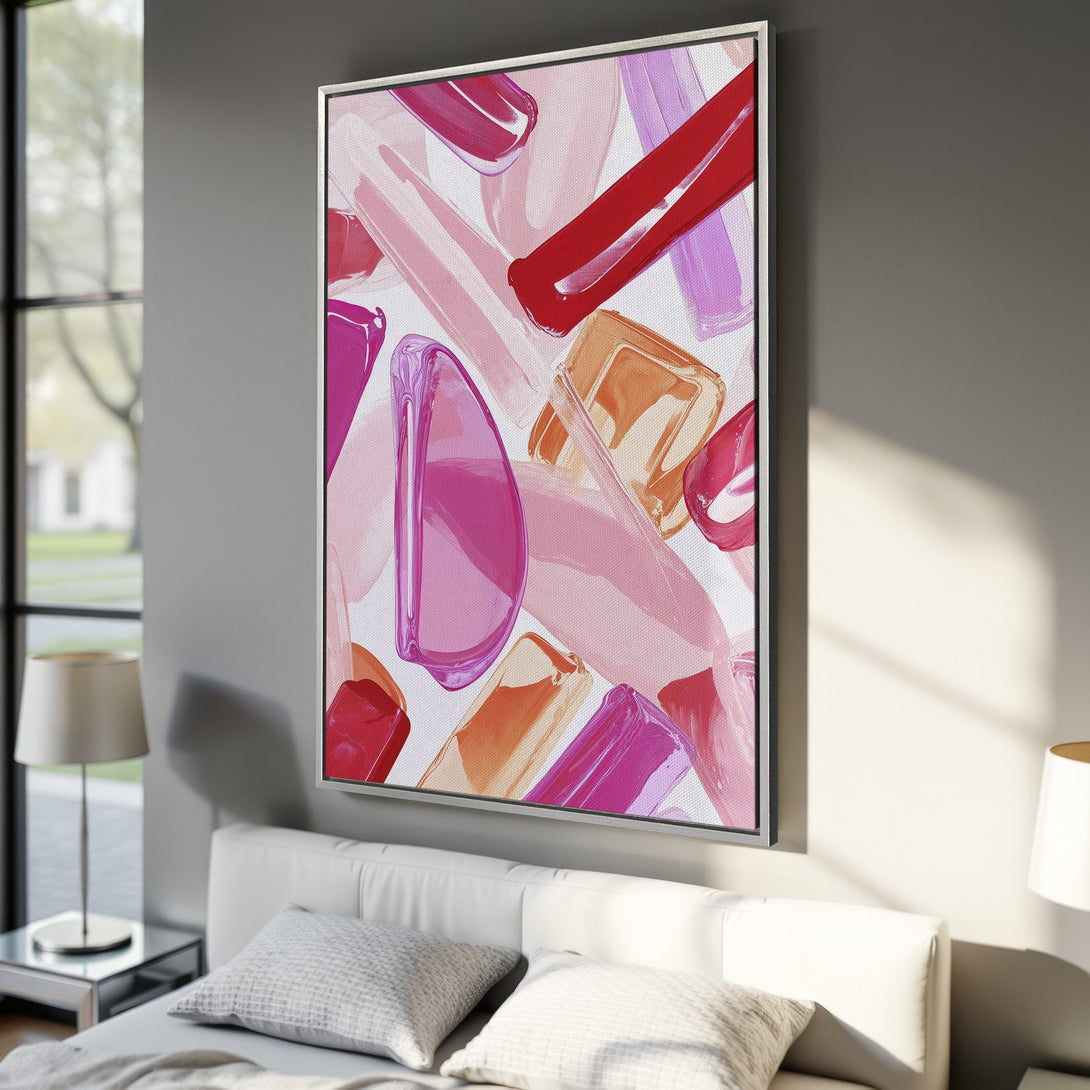 Framed Wall Art featuring abstract brushstrokes in pink, red, and orange hues. Modern art canvas print for bedroom decor.