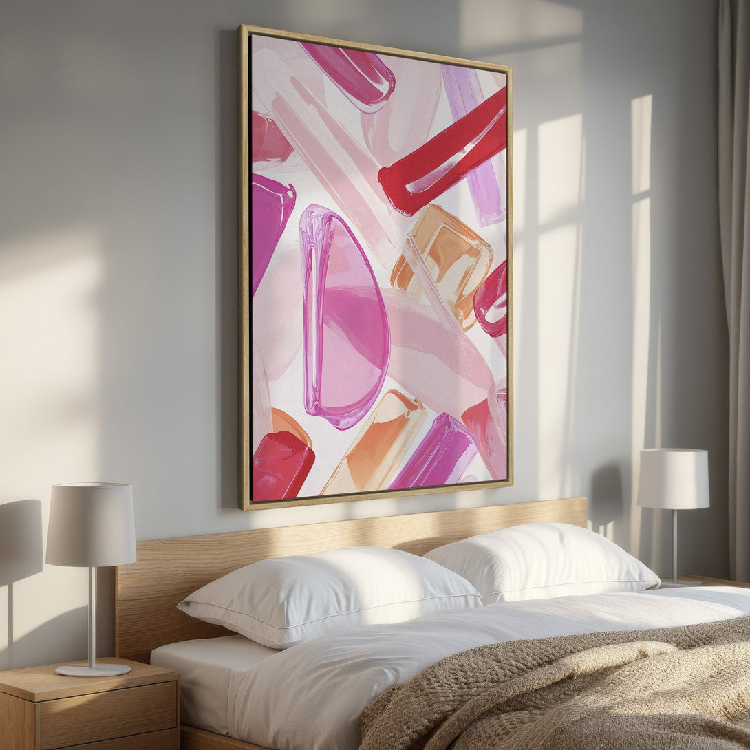 Framed Wall Art: Abstract art print in pink, red, and peach hues. Modern bedroom decor with a vibrant color palette. Elevate your space with this stylish canvas.