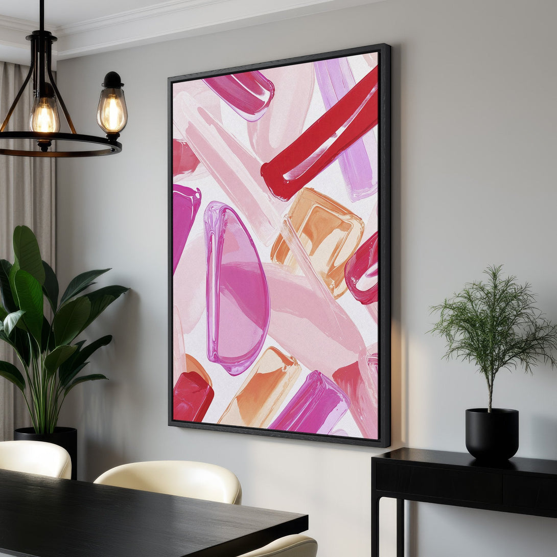 Framed Wall Art: Abstract brushstroke art in a modern dining room. Features a vibrant pink, red, and orange color palette. Perfect for adding a pop of color!