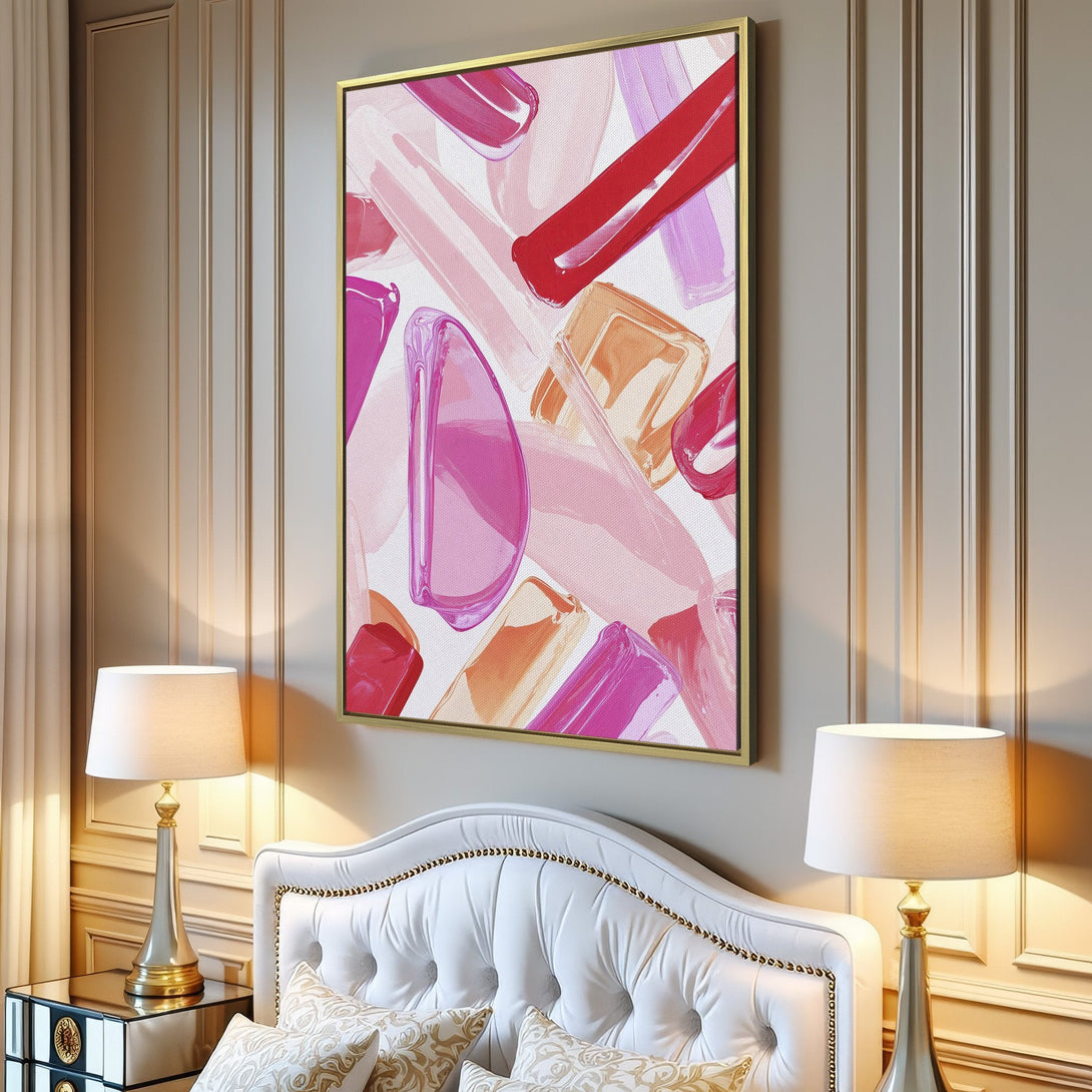 Canvas Print: Abstract art in pink, red, and peach hues. Modern style wall art adds a pop of color to any interior. Perfect for a living room or bedroom.