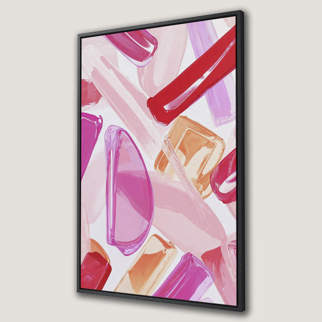 Framed wall art Canvas Print featuring abstract brushstrokes in vibrant pink, red, and peach hues. Modern art for a stylish interior.