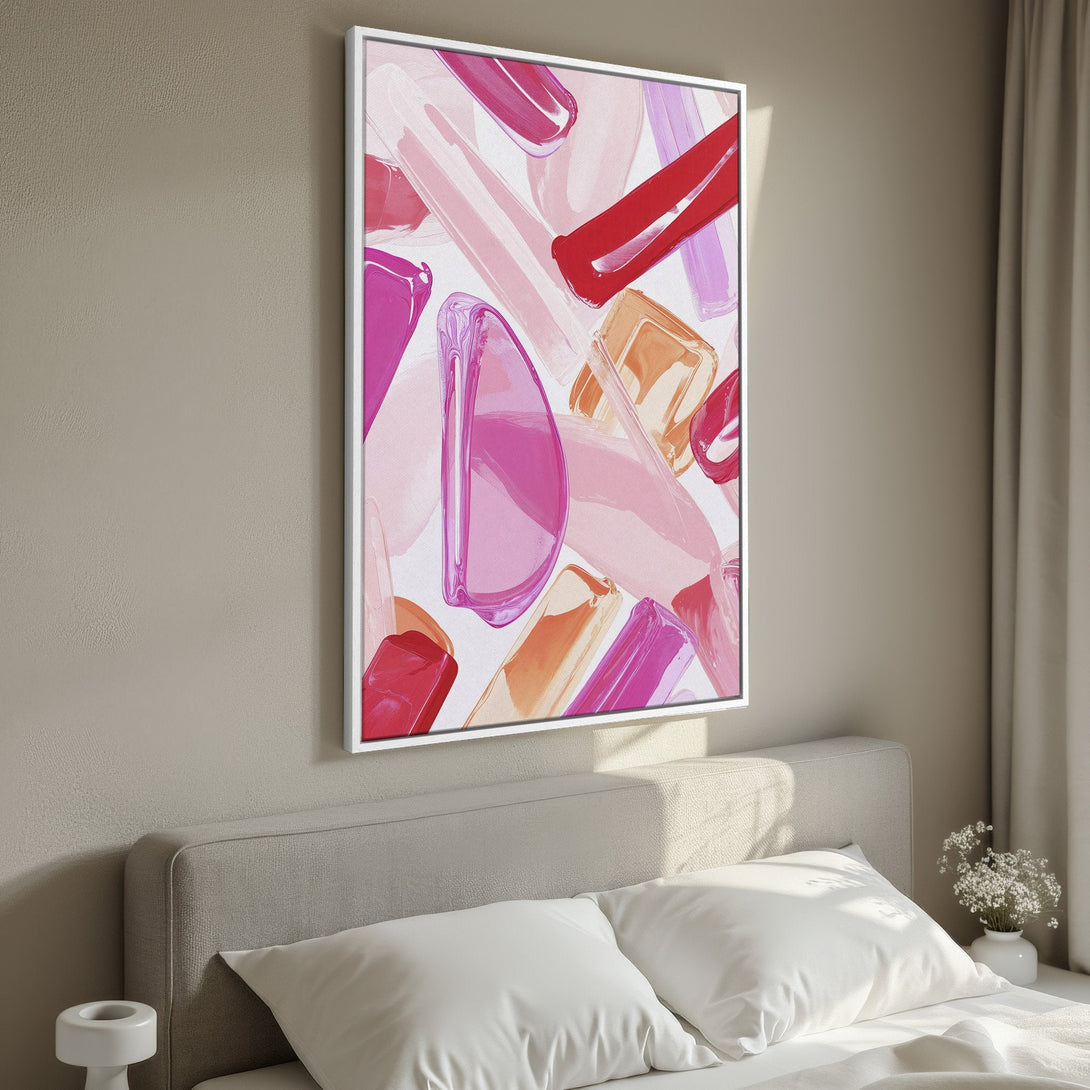 Abstract Canvas Print with bold brushstrokes in pink, red, and orange hues. Modern art for bedroom decor.
