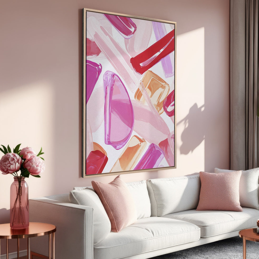 Framed Wall Art featuring abstract brushstrokes in a pink and red color palette. Modern art for your living room decor.