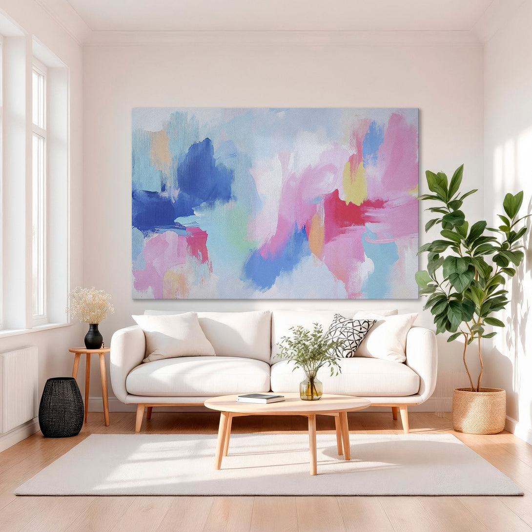 Framed Wall Art: Abstract painting in vibrant pink, blue, and yellow hues. Modern art style, perfect for living room decor. Add a pop of color!
