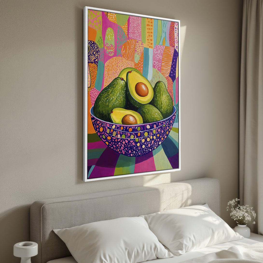 Framed Wall Art: Vibrant avocado painting in a colorful, pop art style. Featuring a bright pink, green, and orange palette, perfect for kitchen decor.