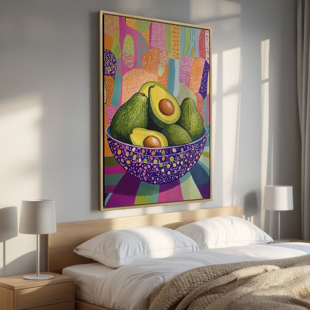 Framed Wall Art featuring vibrant avocado still life. Modern, colorful artwork with a bold, playful style. Adds a pop of color to any room!
