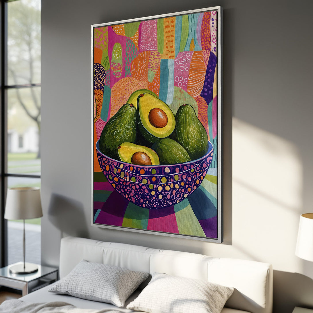Framed Wall Art: Vibrant avocado still life in a colorful, abstract style. Bright, bold palette of greens, pinks, oranges, and purples. Perfect kitchen decor!