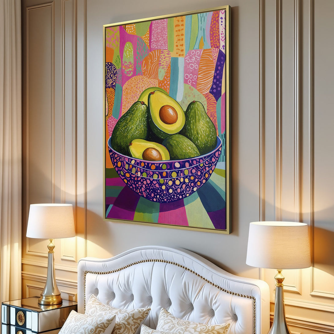 Canvas Print of colorful avocado bowl artwork, modern style with vibrant pink, green, and purple hues, perfect for kitchen decor.