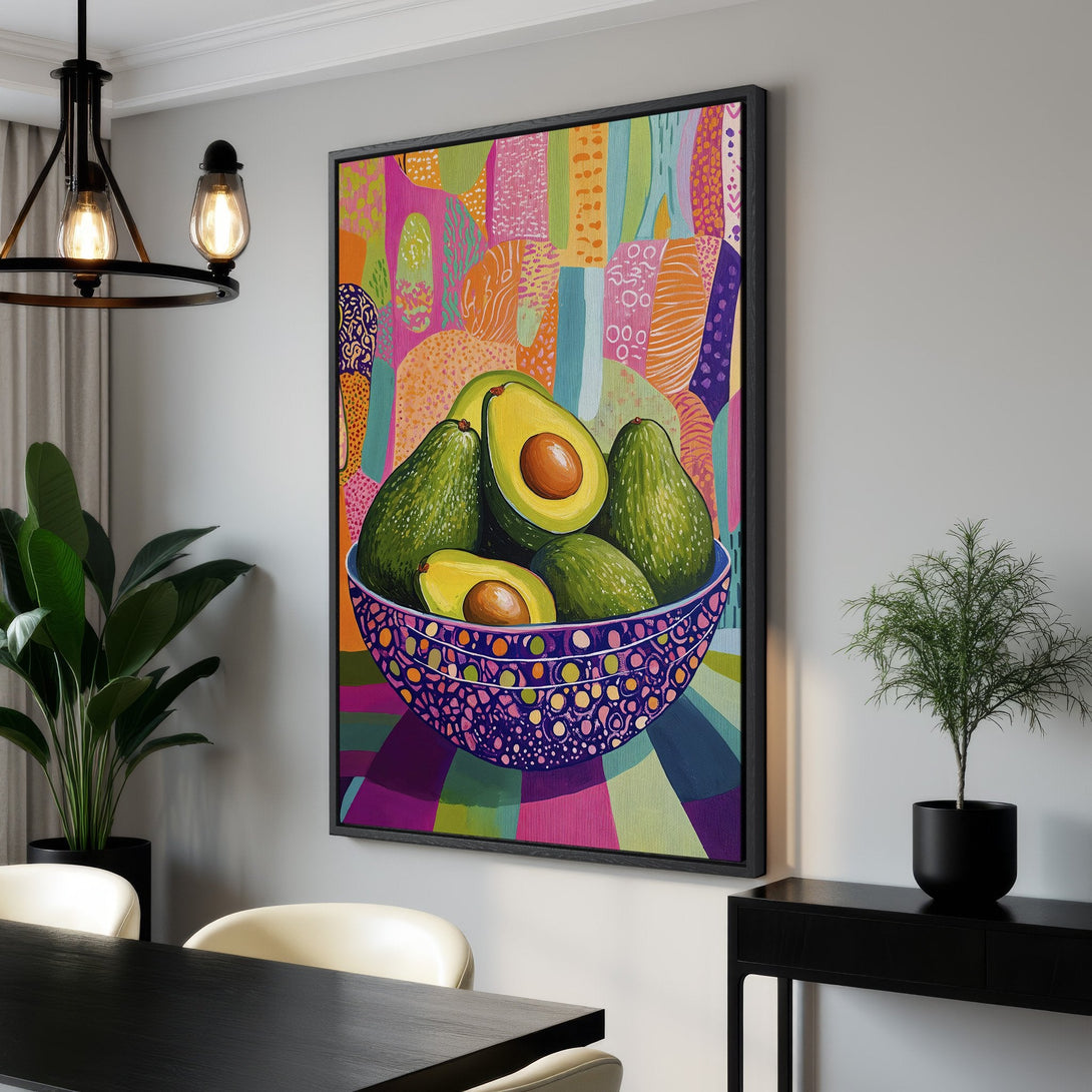 Framed Wall Art: Vibrant avocado still life painting in a modern style with a colorful, eye-catching palette. Perfect kitchen or dining room decor.