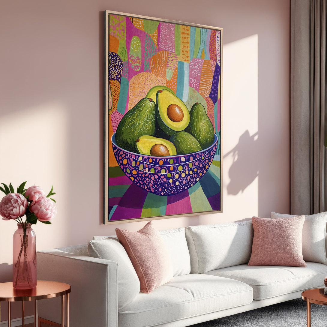 Framed Wall Art: Vibrant avocado painting in a colorful, abstract style. Adds a pop of color to any room. Modern art for your home decor!