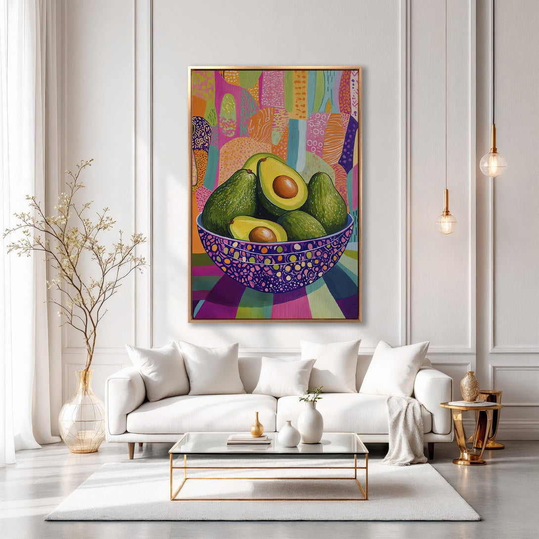 Framed Wall Art featuring colorful avocado painting. Modern, vibrant artwork with a green, pink, and purple palette. Perfect for kitchen or dining room decor.