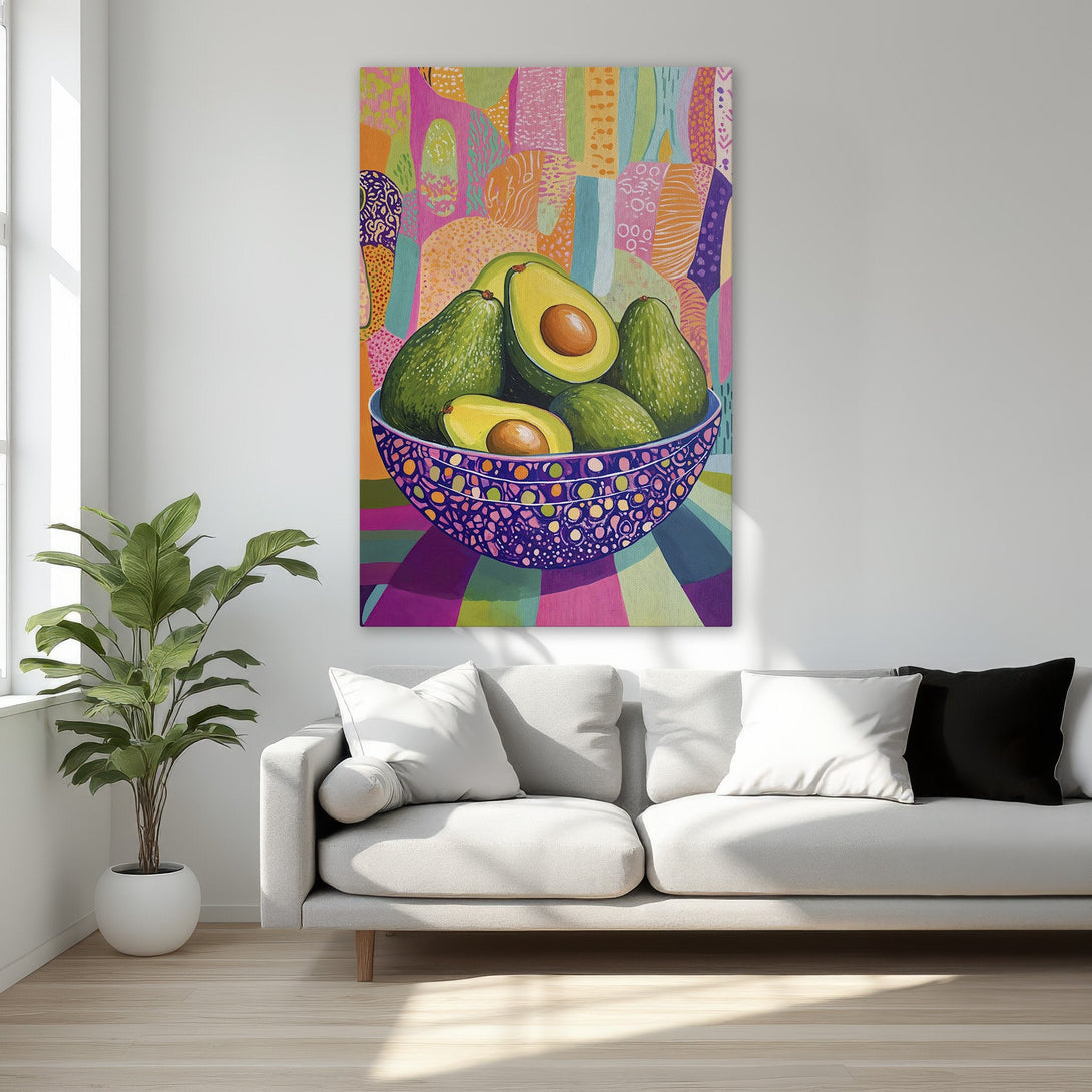 Framed Wall Art: Vibrant avocado still life painting with colorful, abstract background. Adds a pop of color to any space!