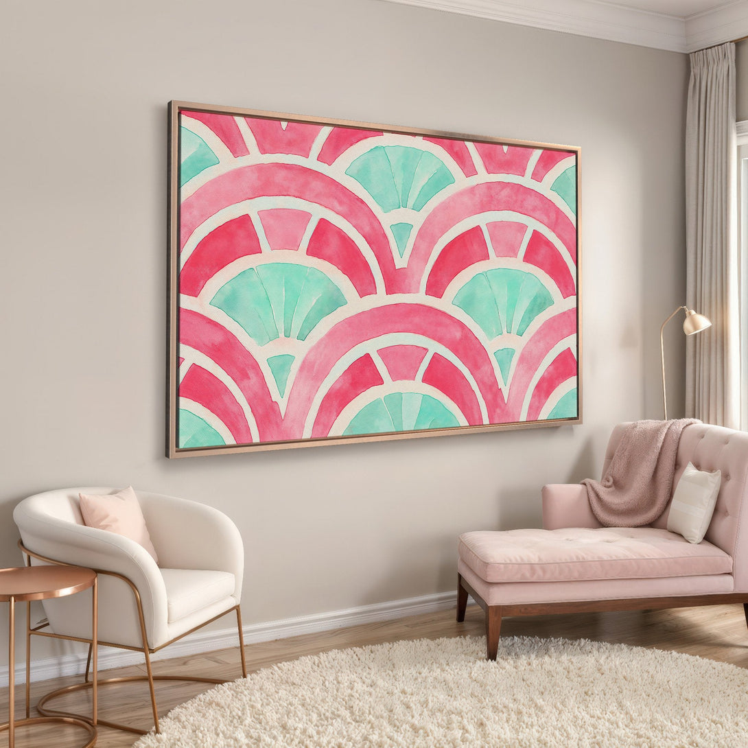 Framed Wall Art featuring a watercolor abstract design in pink and teal. Modern art print perfect for adding a pop of color to your home decor.